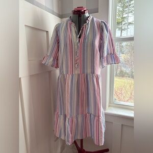 LOFT Linen Cotton Dress with Pink, Blue, and Yellow Stripes Size Large